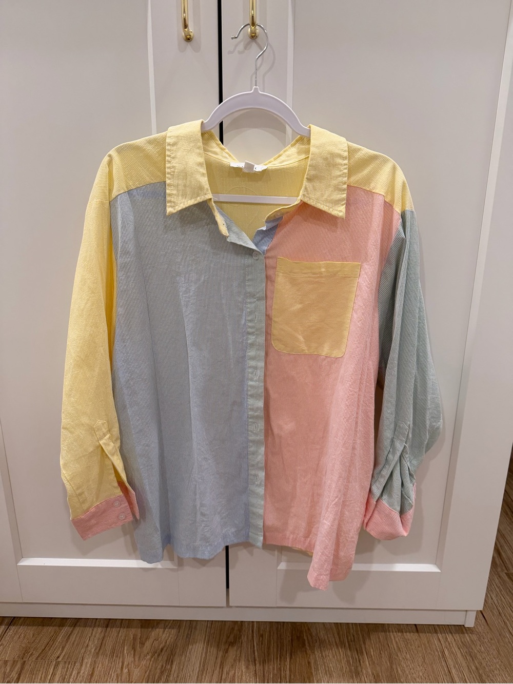 MARBLE Pastel Colorblock Corduroy Shirt in Yellow, Pink & Blue